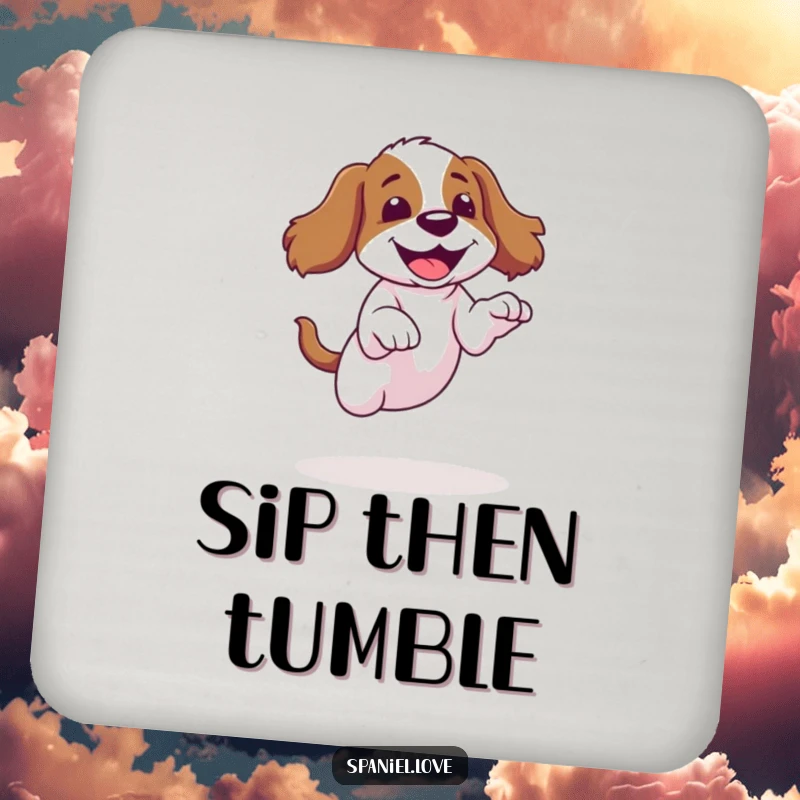 Funny spaniel coaster showing a dog’s amusingly failed jump and giggle, protecting surfaces with humor.