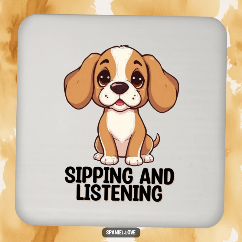 Funny Spaniel coaster with a character tilting its head, listening intently with curiosity. This coaster offers attentive surface protection with a touch of humor.