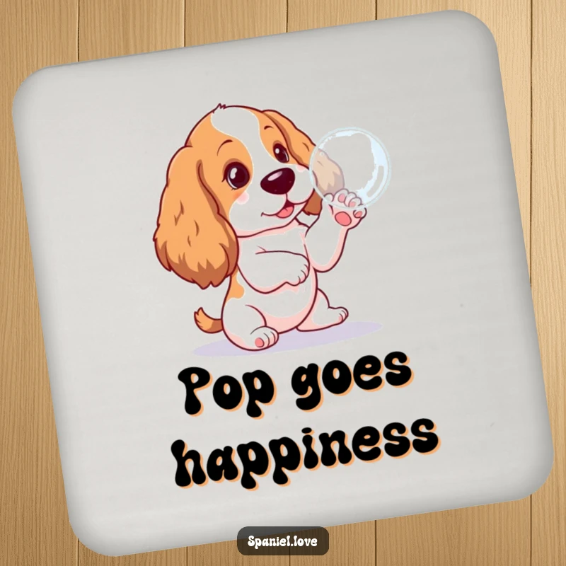 Funny Spaniel pup coasters, hilariously captivated by a floating bubble, protecting surfaces with canine cuteness and humor.