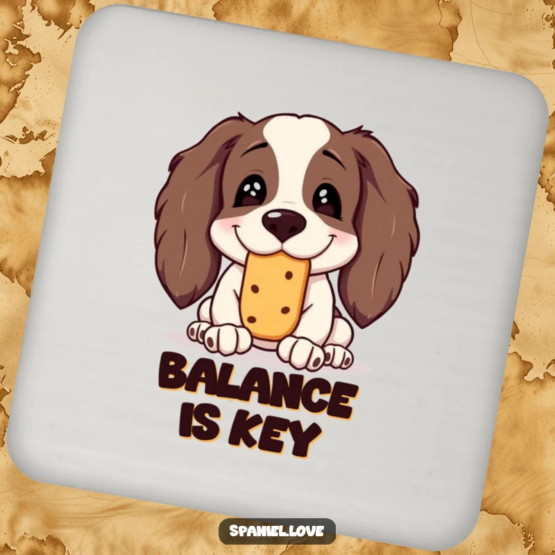 Funny Spaniel Coaster: A small coaster featuring a spaniel with a silly grin trying to balance a treat on its nose.