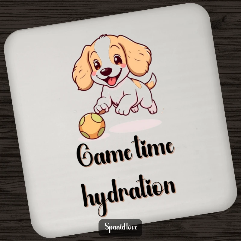 Funny Spaniel coaster showing a happy Spaniel character with floppy ears joyfully chasing a bouncing ball, adding a touch of humor.