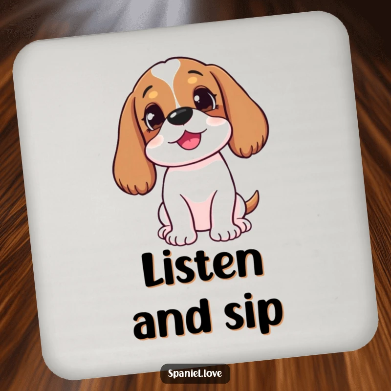 Funny happy spaniel with head tilted, listening intently on a drink coaster, adding humorous curiosity to tables.