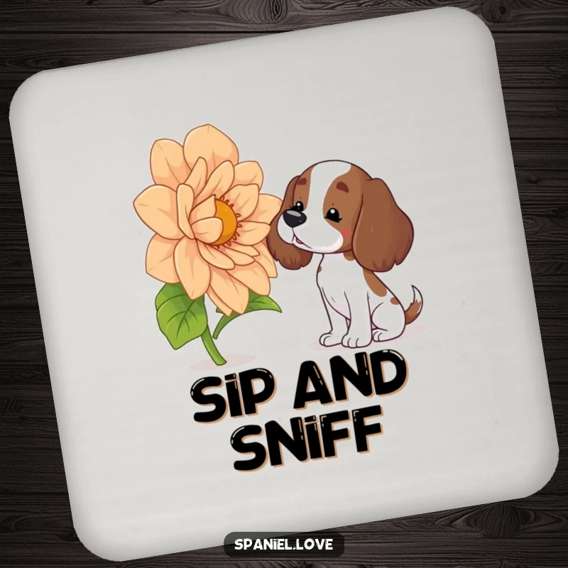 Funny spaniel drink coaster illustrating a curious dog tilting its head to sniff an oversized flower, offering humorous surface protection.