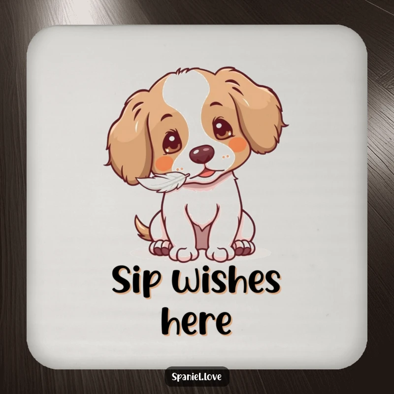 Funny Gentle Spaniel Coasters: spaniel blowing a seed, protecting surfaces with gentle charm.