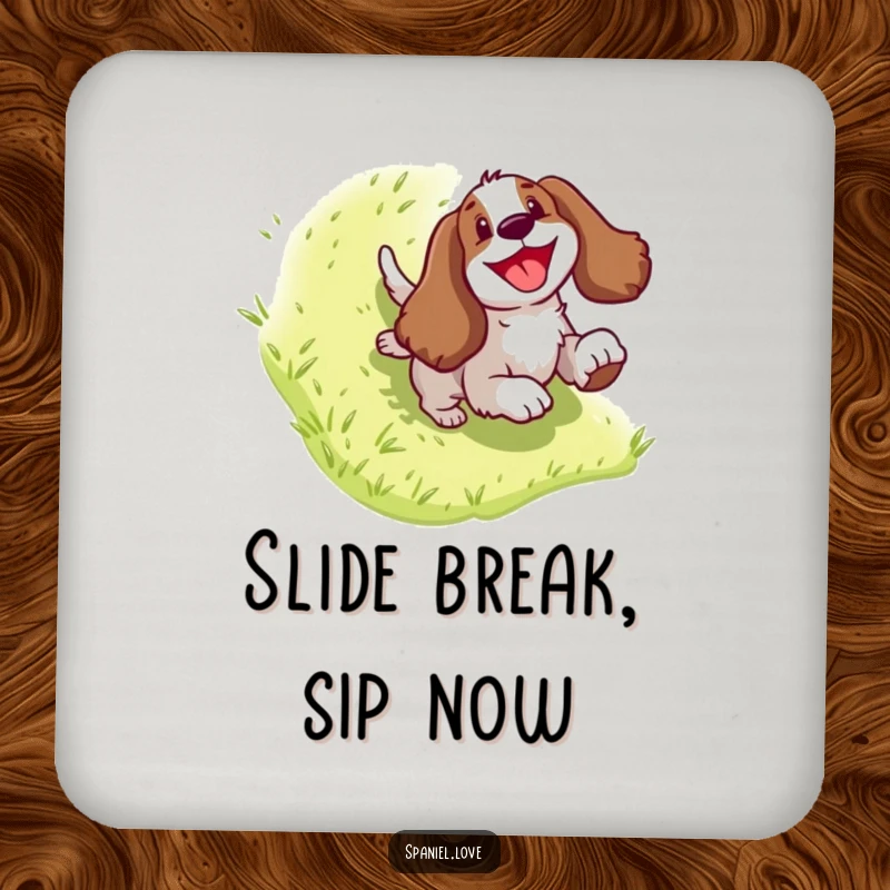 Funny Spaniel Coaster: A happy dog character sliding down a grassy hill, protecting surfaces with cheerful, comical flair.