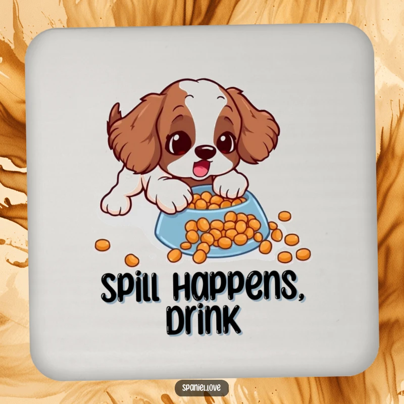 Funny spaniel drink coaster illustrating a surprised dog comically sliding on spilled kibble, offering humorous protection for surfaces.