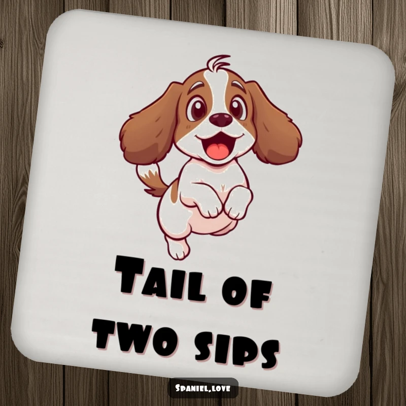 Funny drink coaster depicting a surprised spaniel character leaping back from its own vigorously wagging tail.