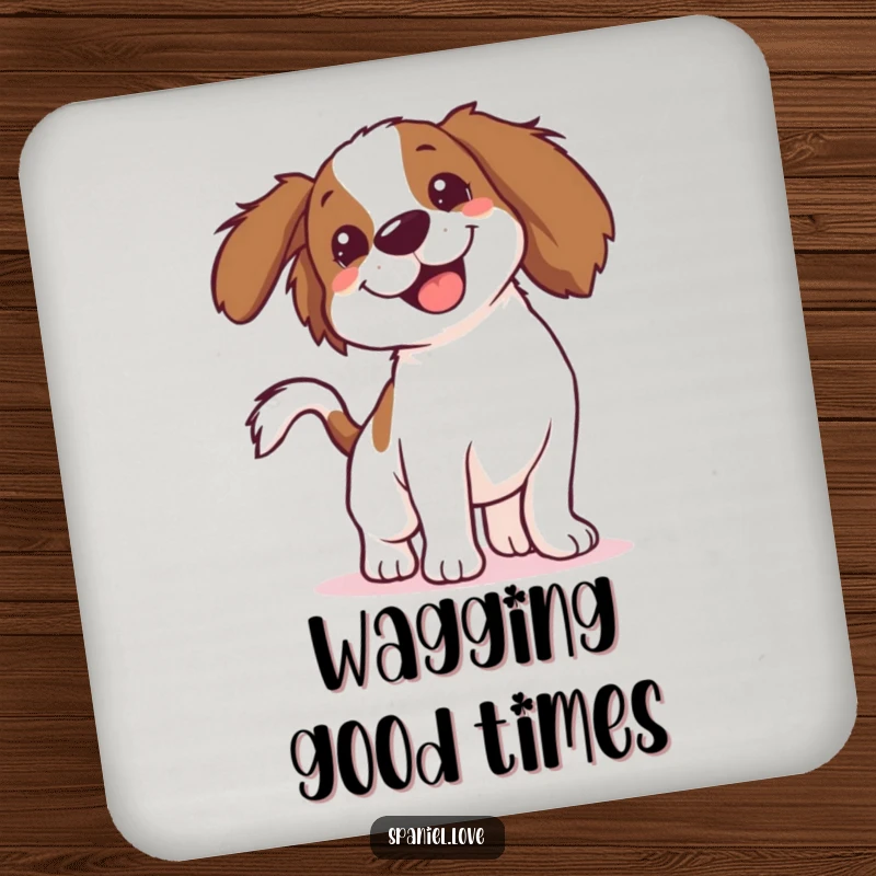 Funny Spaniel Coaster: A spaniel's body is a dynamic blur from its enthusiastic tail wags, protecting your surfaces with humor.