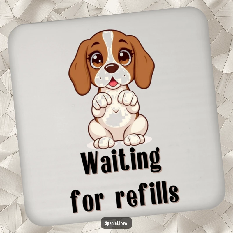 Funny drink coaster with a spaniel sitting upright with wide, excited eyes and its paws clasped expectantly.