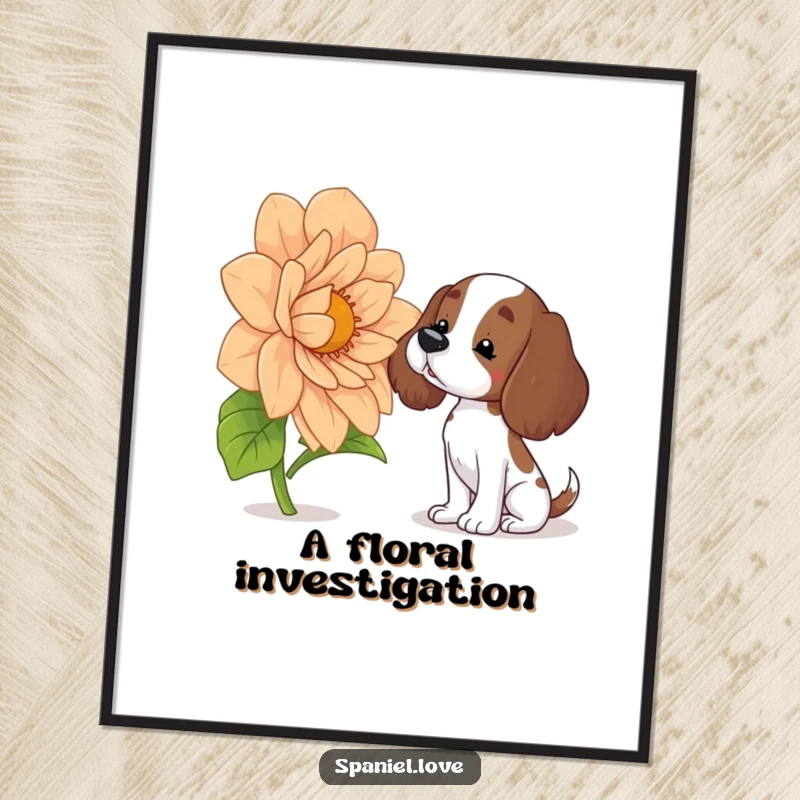 Funny spaniel poster depicting a curious dog tilting its head to sniff an oversized, colorful flower, creating a humorous and heartwarming scene.
