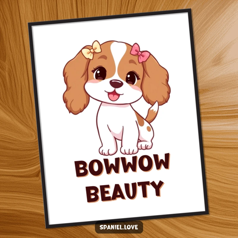 Funny poster art of a spaniel with floppy ears adorned with tiny bows, its tail wagging vigorously.