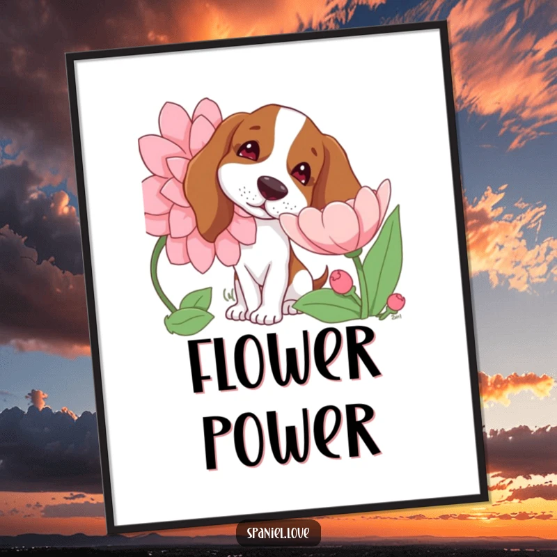 Funny poster print of a spaniel dog with its head tilted curiously as it sniffs a massive, blooming flower, conveying gentle intrigue.
