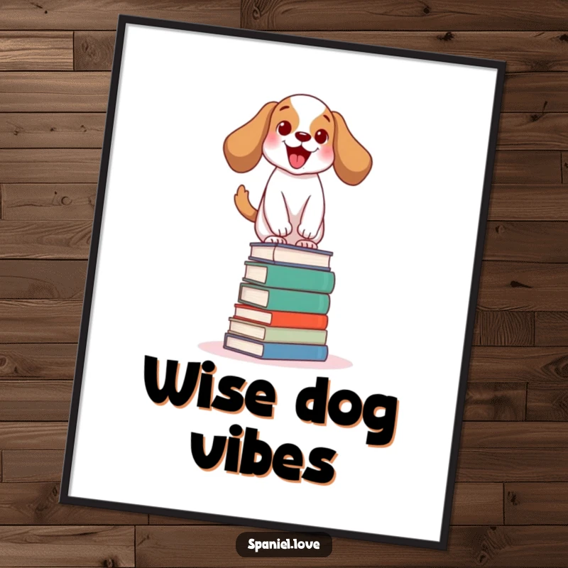 Funny spaniel poster showing an excited dog wagging its tail while balancing on a stack of books, a clever and humorous piece.
