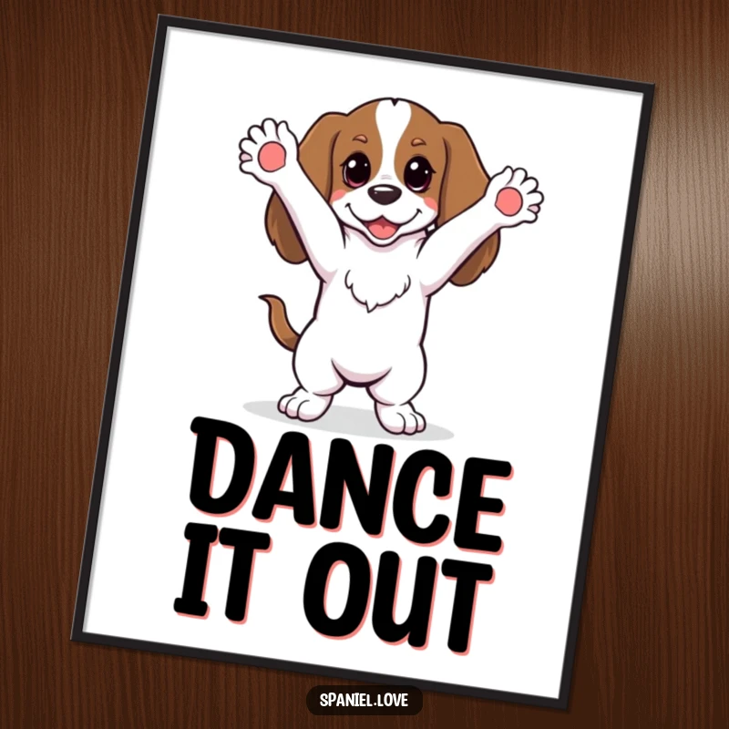 Funny spaniel doing a silly dance with paws in the air on a poster, creating a dynamic and humorous wall decoration.