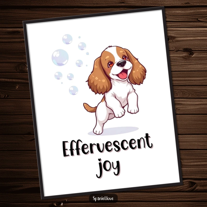Funny spaniel poster showing an ecstatic dog joyfully playing with a stream of bubbles, radiating pure, carefree canine happiness.