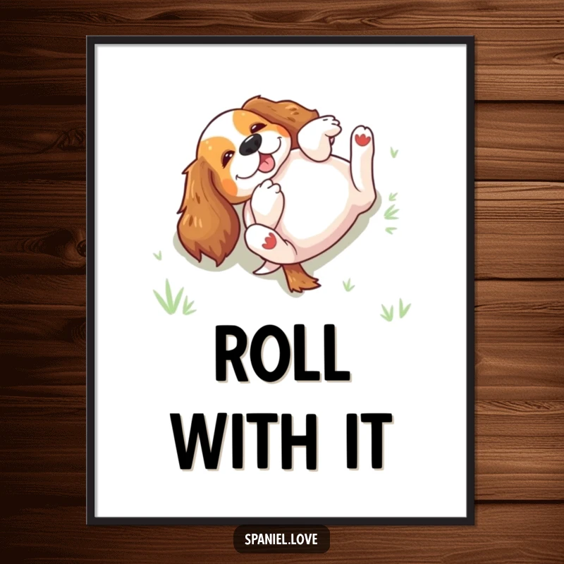 Funny spaniel rolling on its back in grass on a poster, creating a dynamic and humorous wall decoration.