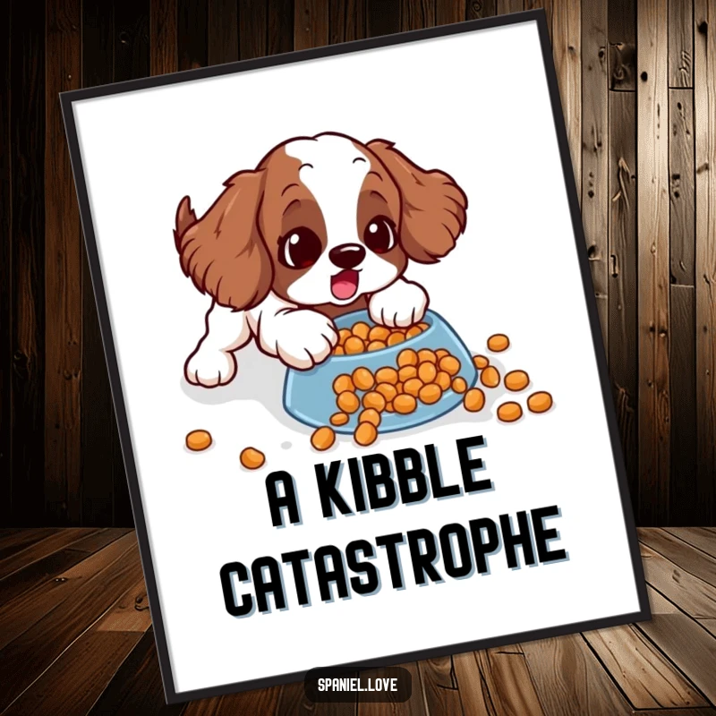 Funny spaniel poster of a dog comically sliding with surprise on a spill of kibble, creating a humorous and eye-catching piece of wall art.