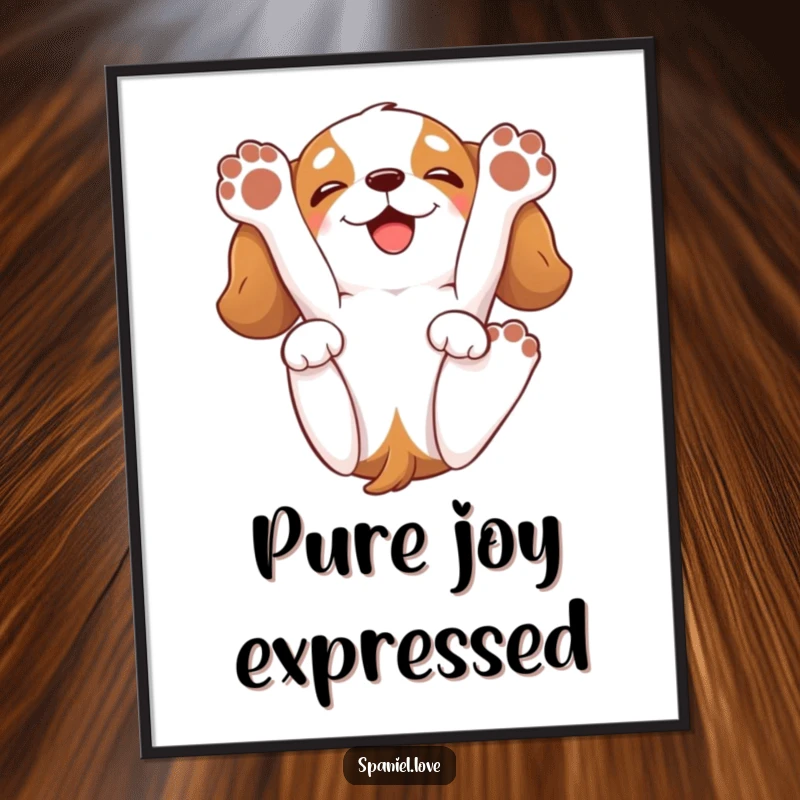 Funny spaniel poster art of a cartoon spaniel playfully rolling onto its back, paws in the air, with a happy grin.