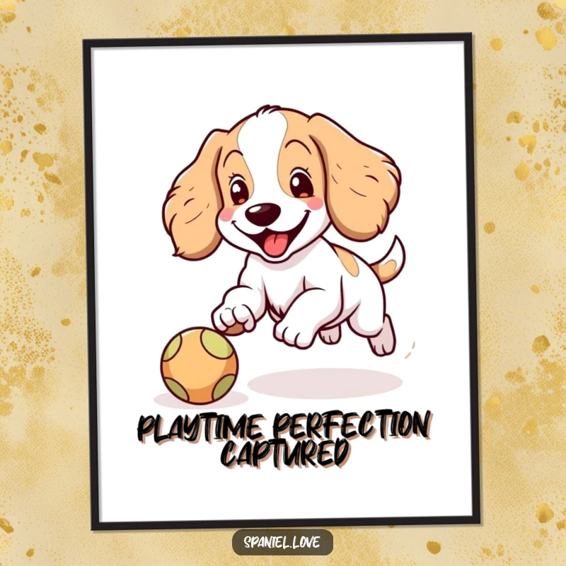 Funny Spaniel poster depicting a happy Spaniel character with floppy ears joyfully chasing a bouncing ball, capturing pure excitement.