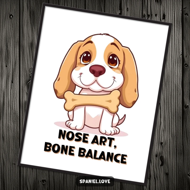 Funny Spaniel Poster: A spaniel balances a bone on its nose with intense, humorous concentration, a delightful piece of art.