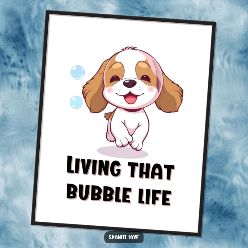 Funny spaniel poster, an excited dog joyfully pursuing a sparkling bubble, capturing a moment of pure, uninhibited fun.