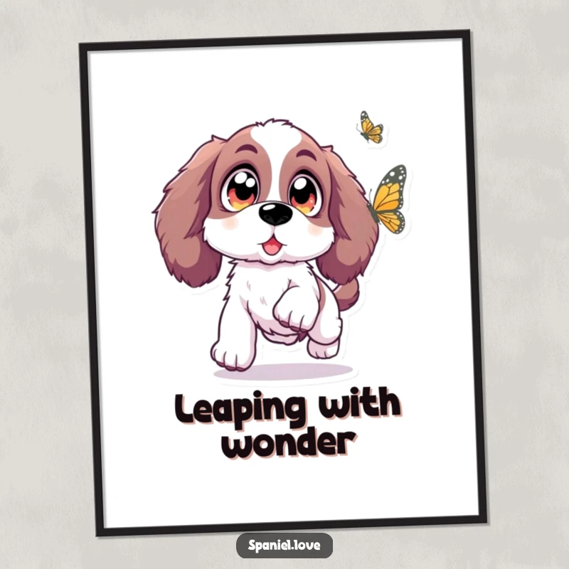 Funny Spaniel poster depicting a Spaniel with oversized, sparkling eyes joyfully leaping towards a butterfly, capturing innocent wonder.