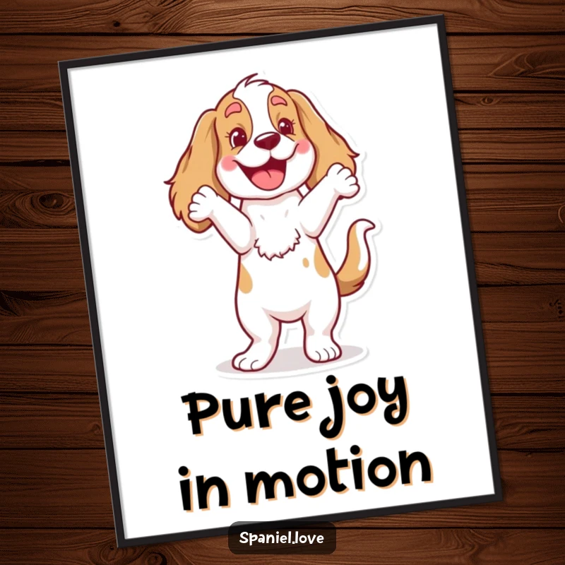 Funny Spaniel Poster: A lively dog character captured mid-happy dance, tail wagging vigorously, radiating pure, comical joy.