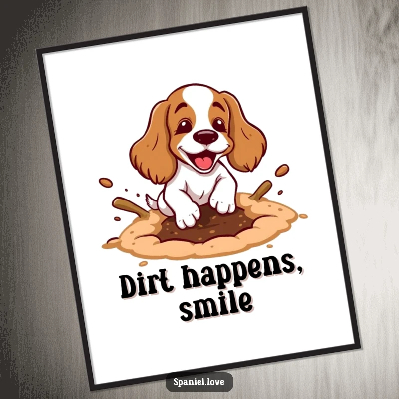 Funny spaniel poster art of a cartoon spaniel happily digging a hole with exaggerated motion and dirt flying, creating a humorous scene.