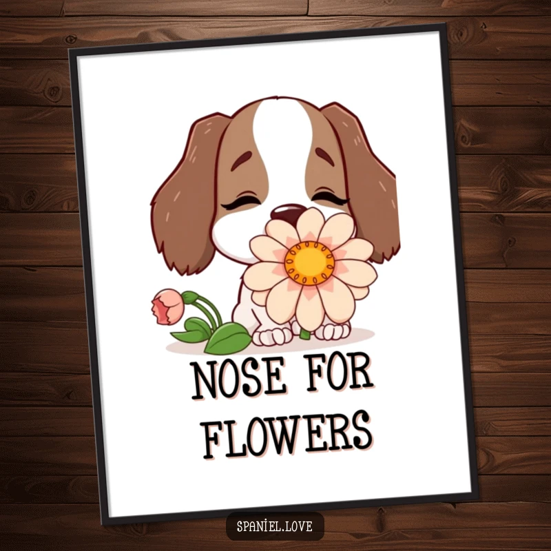 Funny poster showing a happy spaniel character with its nose buried in a comically large, vibrant flower.