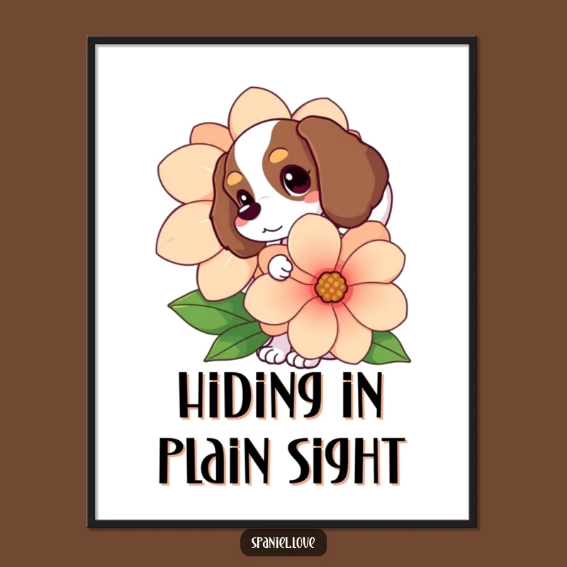 Funny Spaniel Flower Peek Poster: Whimsical Dog Wall Art Gift