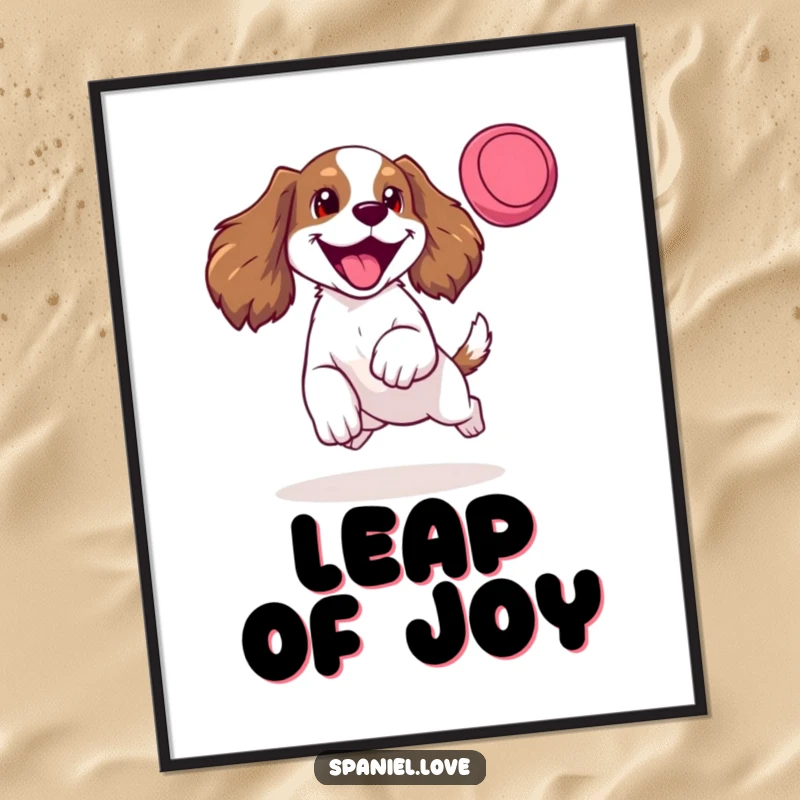 Funny poster art of a spaniel happily leaping for a frisbee, tongue out, mid-bark, embodying pure energetic fun.