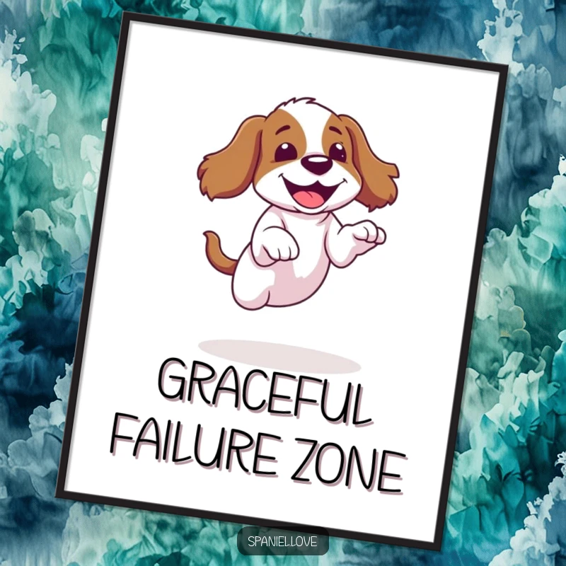 Funny spaniel poster illustrating a dog's failed jump and its subsequent giggle, charming wall art for humor lovers.