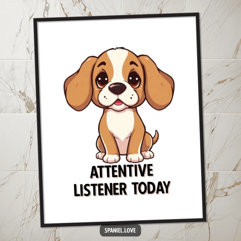 Funny Spaniel poster of a character tilting its head, listening intently with curiosity. This artwork captures a moment of focused attention and thoughtful engagement.
