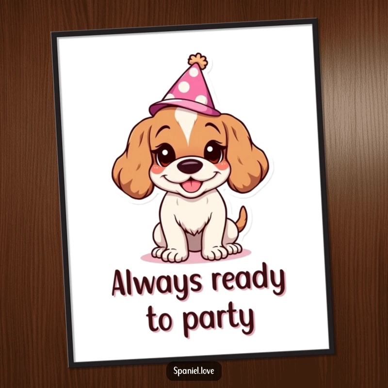 Funny Spaniel poster of a character with a wide, goofy grin wearing a party hat. This artwork radiates pure, uninhibited joy and party spirit.