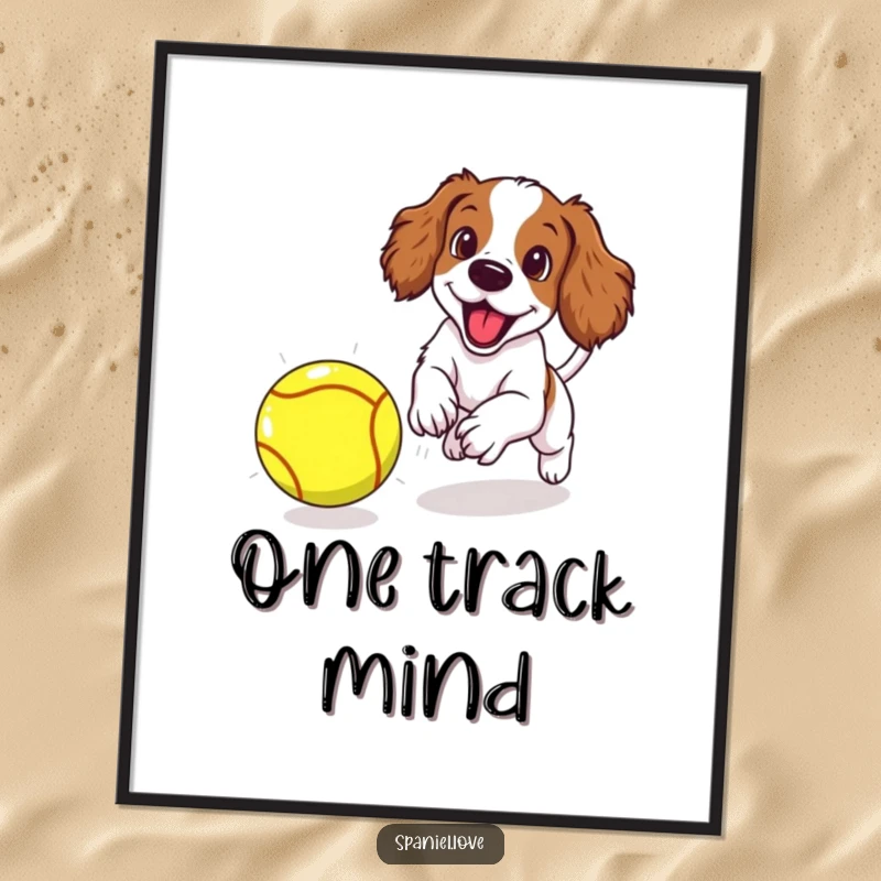Funny spaniel puppy excitedly chasing an oversized tennis ball with great determination, depicted in a humorous poster.