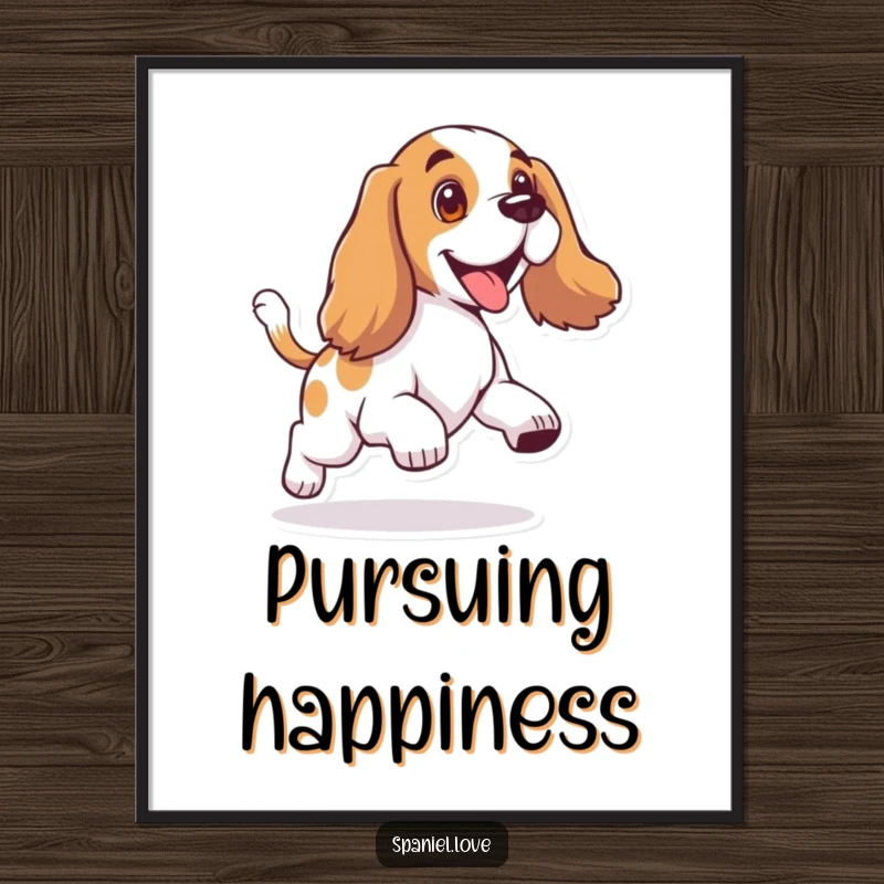 Funny poster featuring a spaniel with floppy ears, joyfully spinning in pursuit of its wagging tail.
