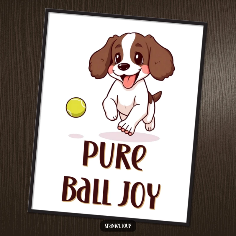Funny poster art of a spaniel joyfully panting with its tongue lolling out while pursuing a bouncing tennis ball.