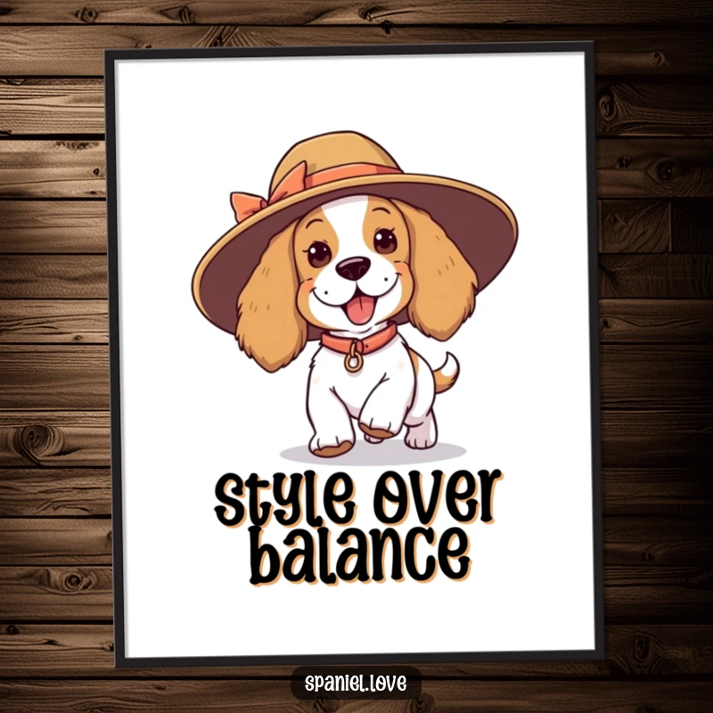 Funny spaniel poster, a playful dog tripping with an oversized hat askew, creating a comical and endearing scene.