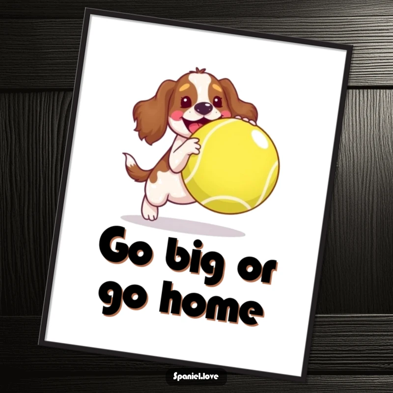Funny spaniel poster, a happy dog joyfully bouncing a huge tennis ball, embodying pure canine bliss and fun.