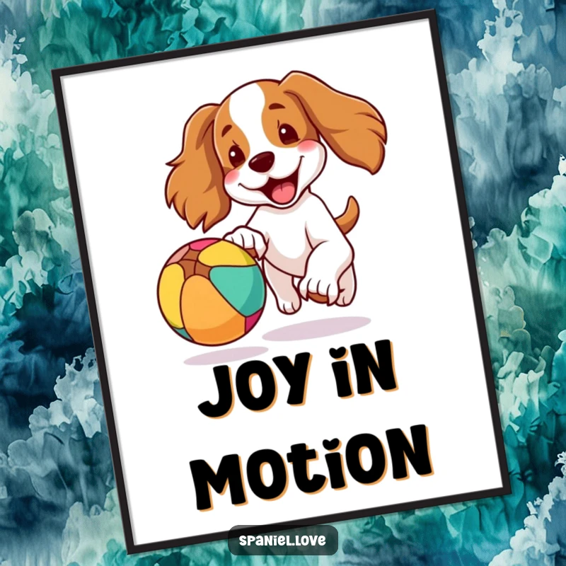 Funny poster print of a happy spaniel dog with its ears flying as it joyfully chases a colorful, bouncing ball, conveying pure excitement.