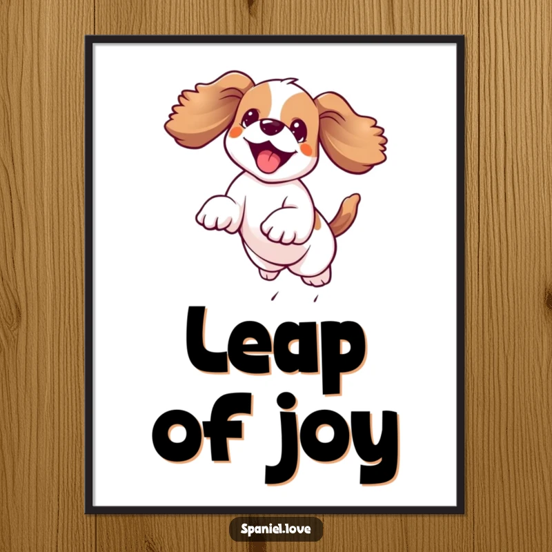 Funny kawaii spaniel leaping joyfully mid-air with its floppy ears flying dramatically, depicted in a humorous poster.