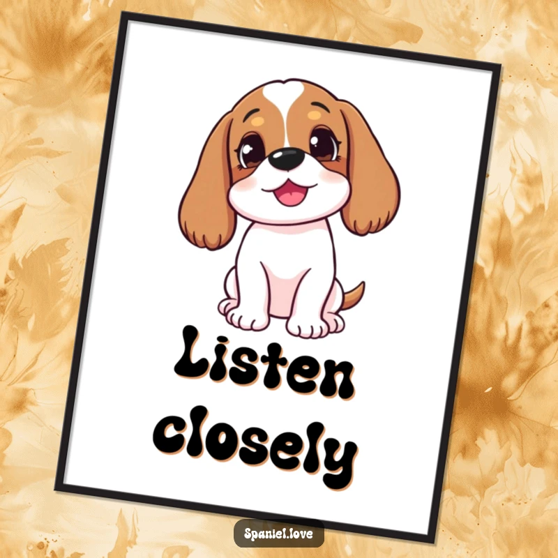 Funny happy spaniel with head tilted, listening intently on a poster, depicting sweet curiosity as humorous wall art.