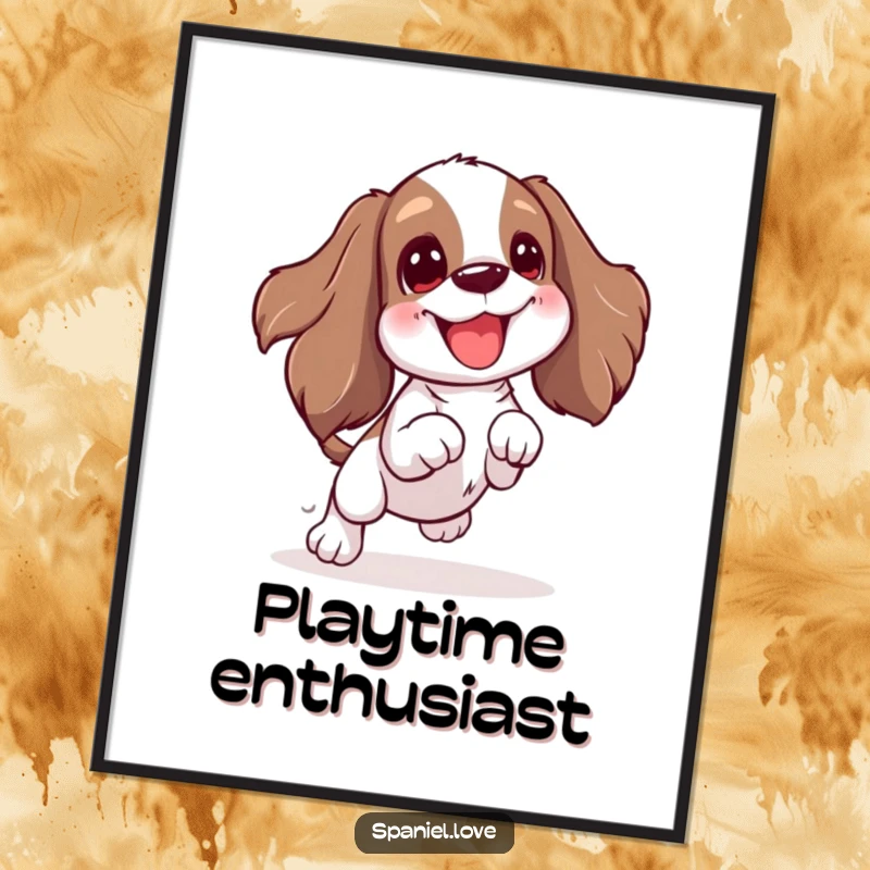Funny Spaniel poster of a character doing an excited wiggle and jumping for a toy. This artwork captures the essence of sheer, unbridled canine excitement.
