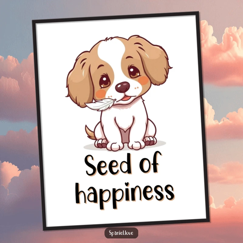 Funny Gentle Spaniel Poster: spaniel blowing a seed, conveying tenderness and nature's beauty, artistic decor.