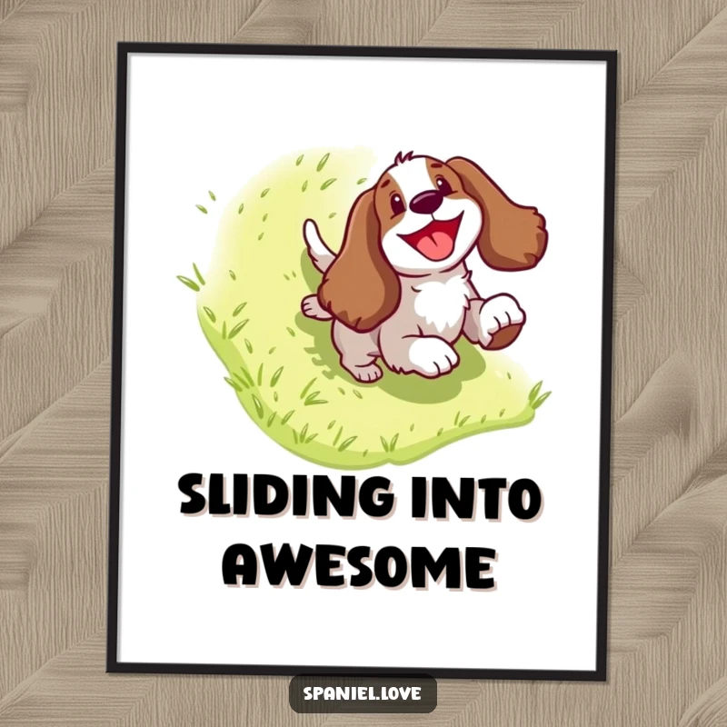 Funny Spaniel Poster: Artistic depiction of a joyful dog character gleefully sliding down a grassy hill, infusing rooms with fun.