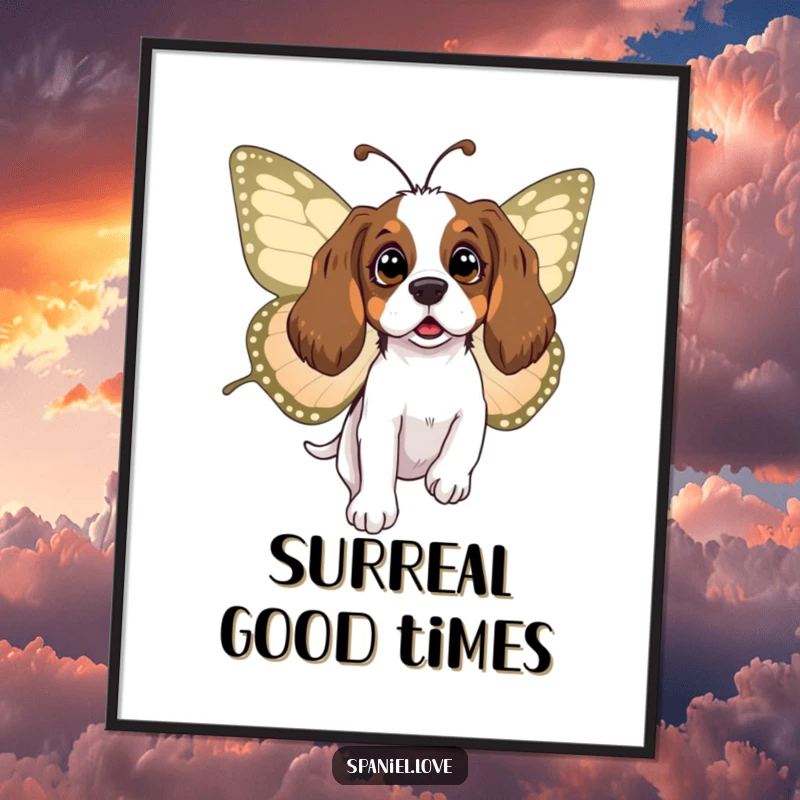Funny spaniel poster showing a surprised dog being gently carried by a large, friendly butterfly, creating a scene of whimsical amazement.