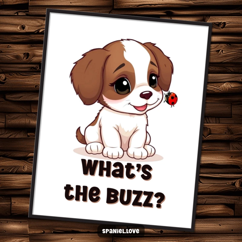 Funny Spaniel cub poster, head tilted inquisitively at a ladybug, capturing a moment of pure, gentle observation.