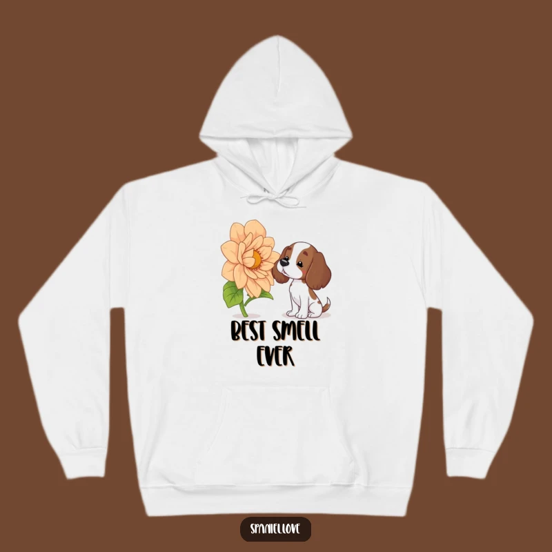 Cozy Funny Spaniel Hoodie: Curious Dog Enjoys Giant Flower, Warm Gift
