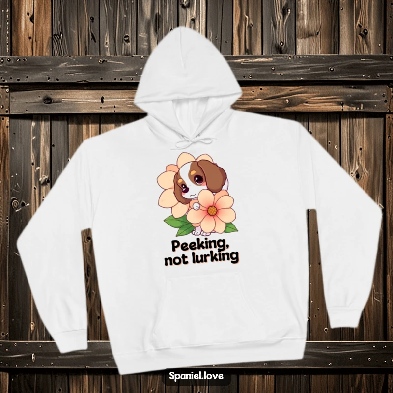 Funny Spaniel hoodie, tail wagging, hiding behind a huge flower, a sweet and humorous portrayal of a happy dog.
