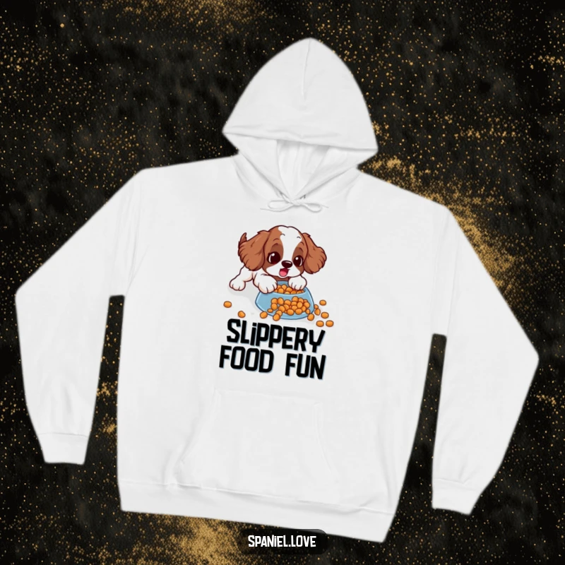 Funny spaniel hoodie illustrating a surprised dog sliding comically across spilled kibble, offering warmth and humor for dog lovers.